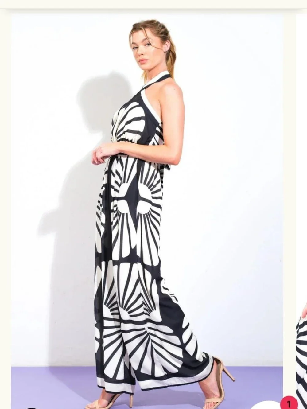 Flying Tomato Black & White Graphic Halter Wide-Leg Jumpsuit - Picture 2 of 3
